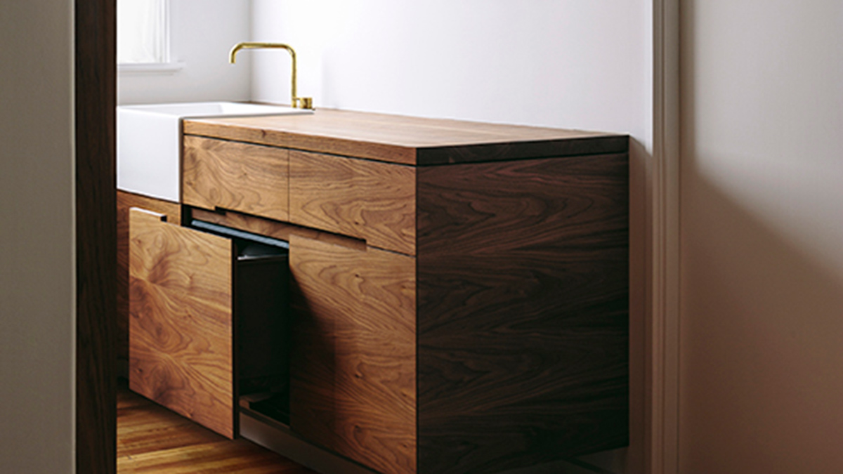 This DishDrawer™ Dishwasher with a timber panel integrates seamlessly into the crafted apartment kitchen designed by Cheshire Architects. Photograph: Simon Wilson